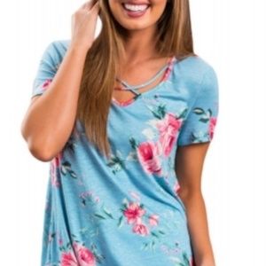 Light Blue Floral Crisscross Neck Floral Top